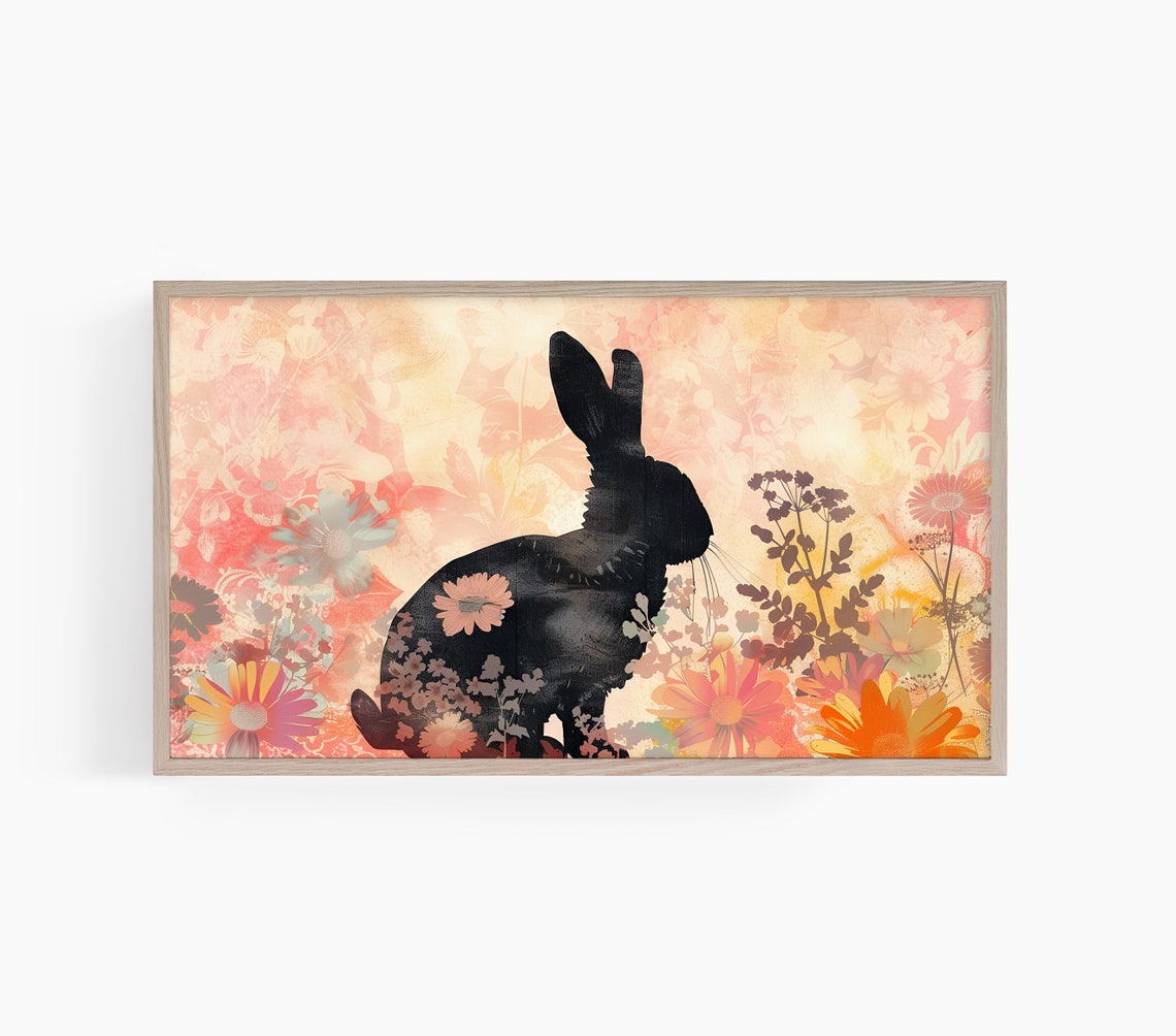 Black Bunny Silhouette Vintage Floral Spring Easter Wall Art