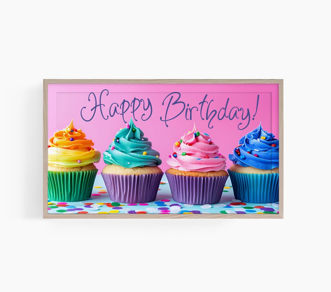 Happy Birthday Pink Background Colorful Cupcakes Party Decor Poster