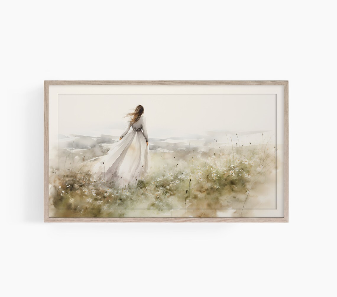 Woman In White Dress Wildflower Meadow Soft Watercolor Art Poster