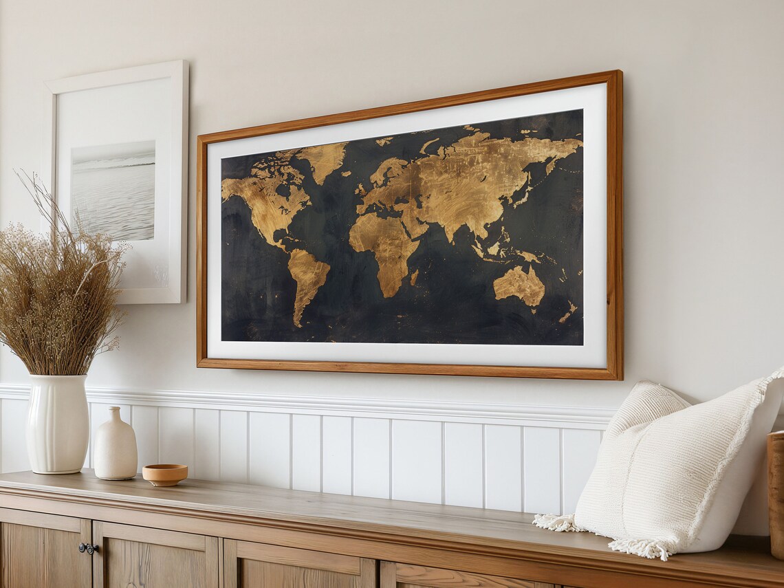 Golden Foil World Map Dark Navy Vintage Continents Atlas Poster - Image 2