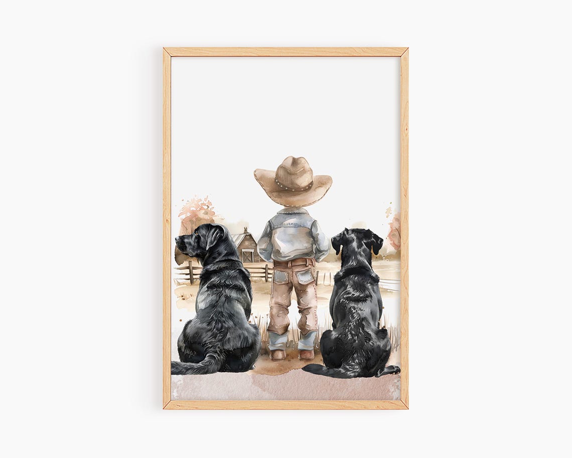 Cowboy Boy With Two Black Labradors Barn Watercolor Nursery Poster
