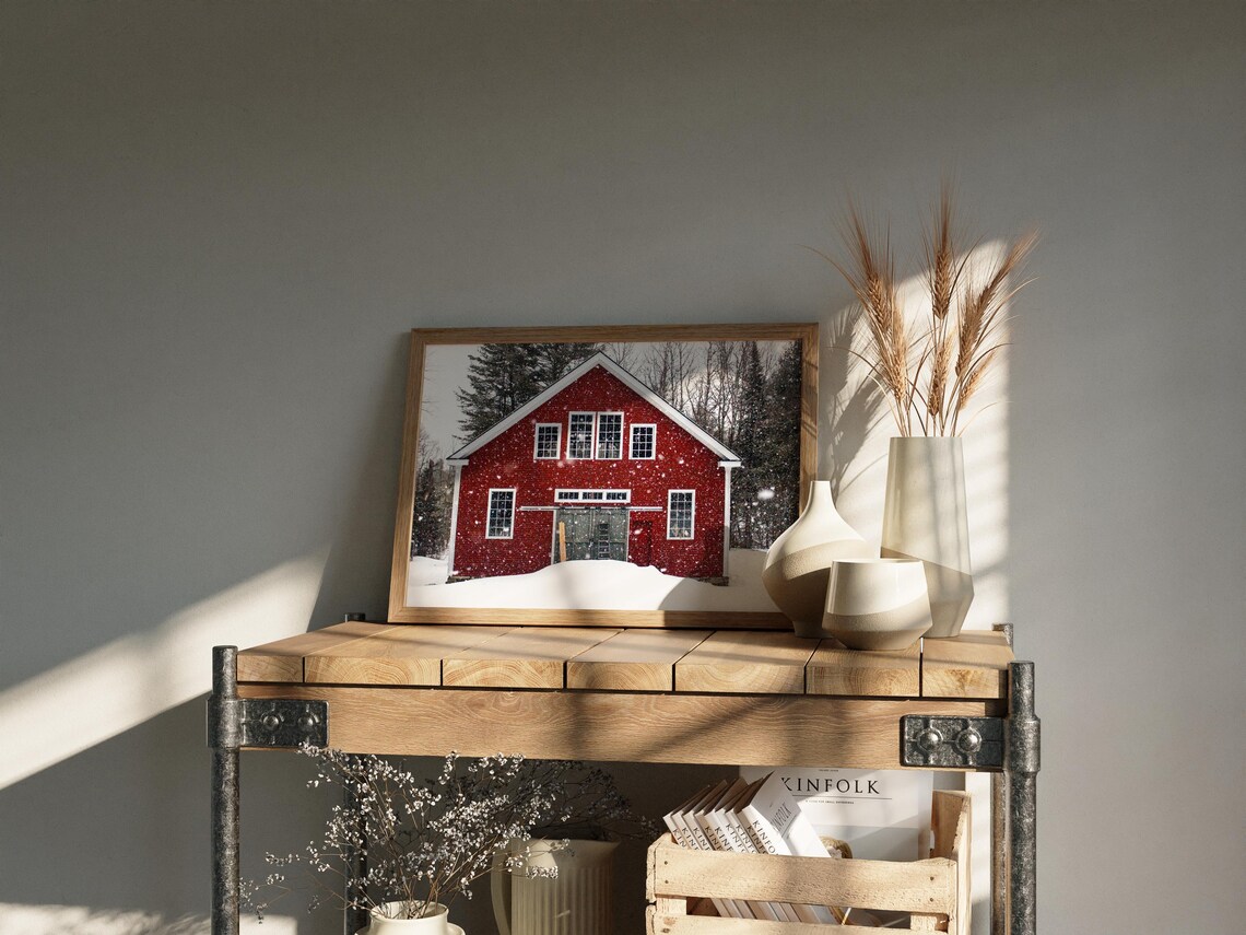 Snowy Red Barn Farmhouse Winter Art Print - Image 3