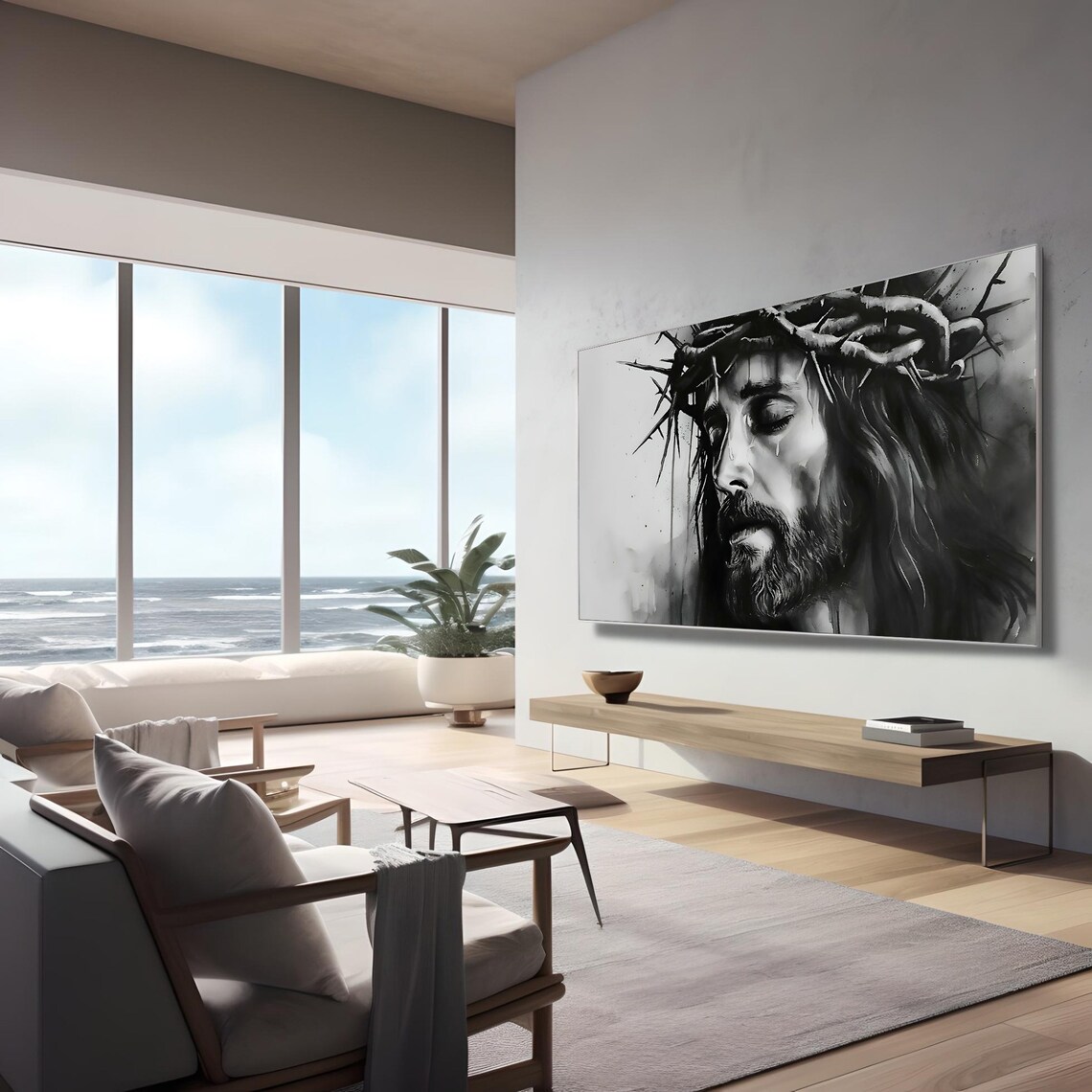 Jesus Christ Crown Of Thorns Black White Faith Portrait Poster - Image 2