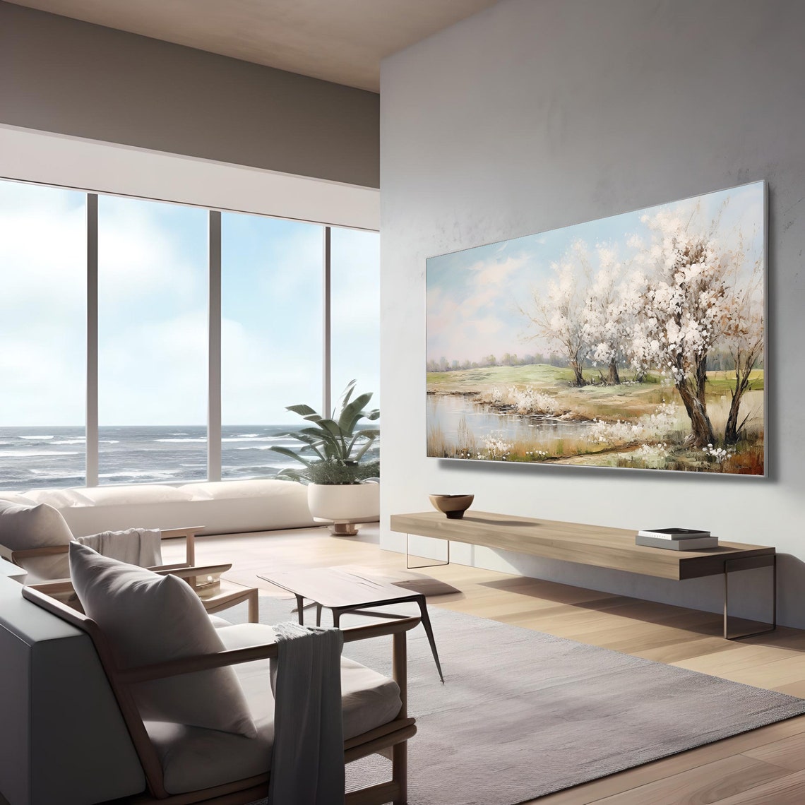 Spring Blossom Trees Pond Pastel Landscape Painting Art Poster - Image 2