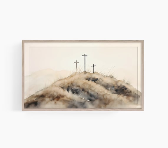 Three Crosses on Hill Painterly Sunset Christian Faith Poster