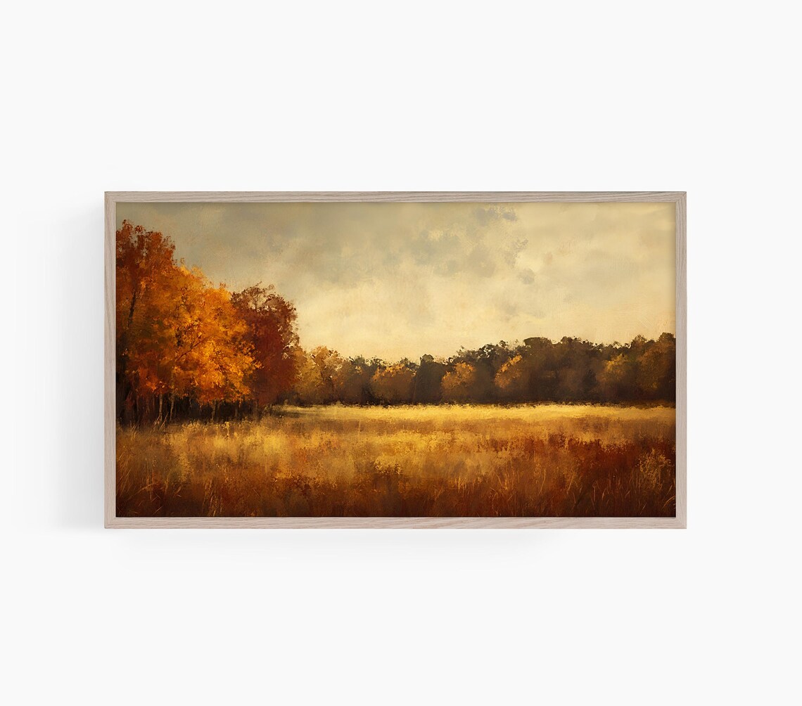 Golden Autumn Meadow Field Oil Painting Fall Landscape Warm Rustic Wall Art - Image 3