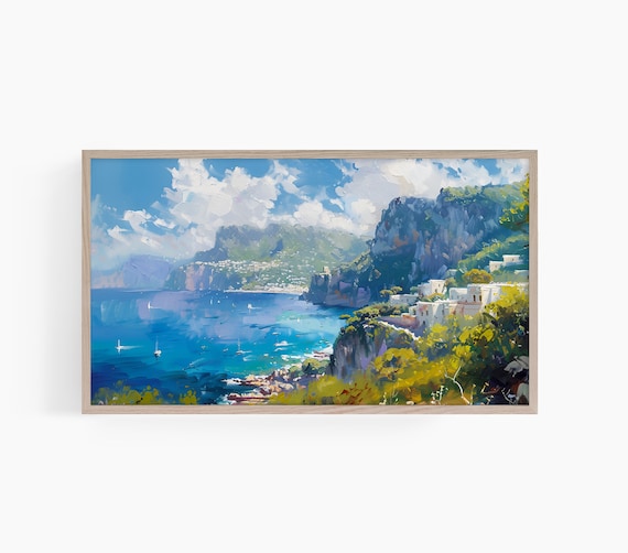 Amalfi Coast Cliffside Village Sparkling Blue Sea Oil Painting Poster