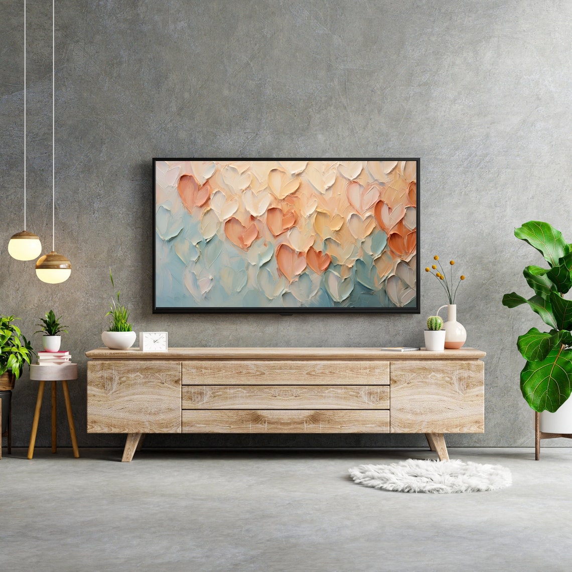 Peach and Blue Impasto Heart Texture Romantic Painting Poster - Image 2