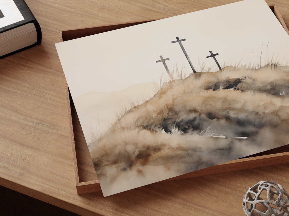 Three Crosses on Hill Soft Beige Watercolor Easter Art Poster - Image 2