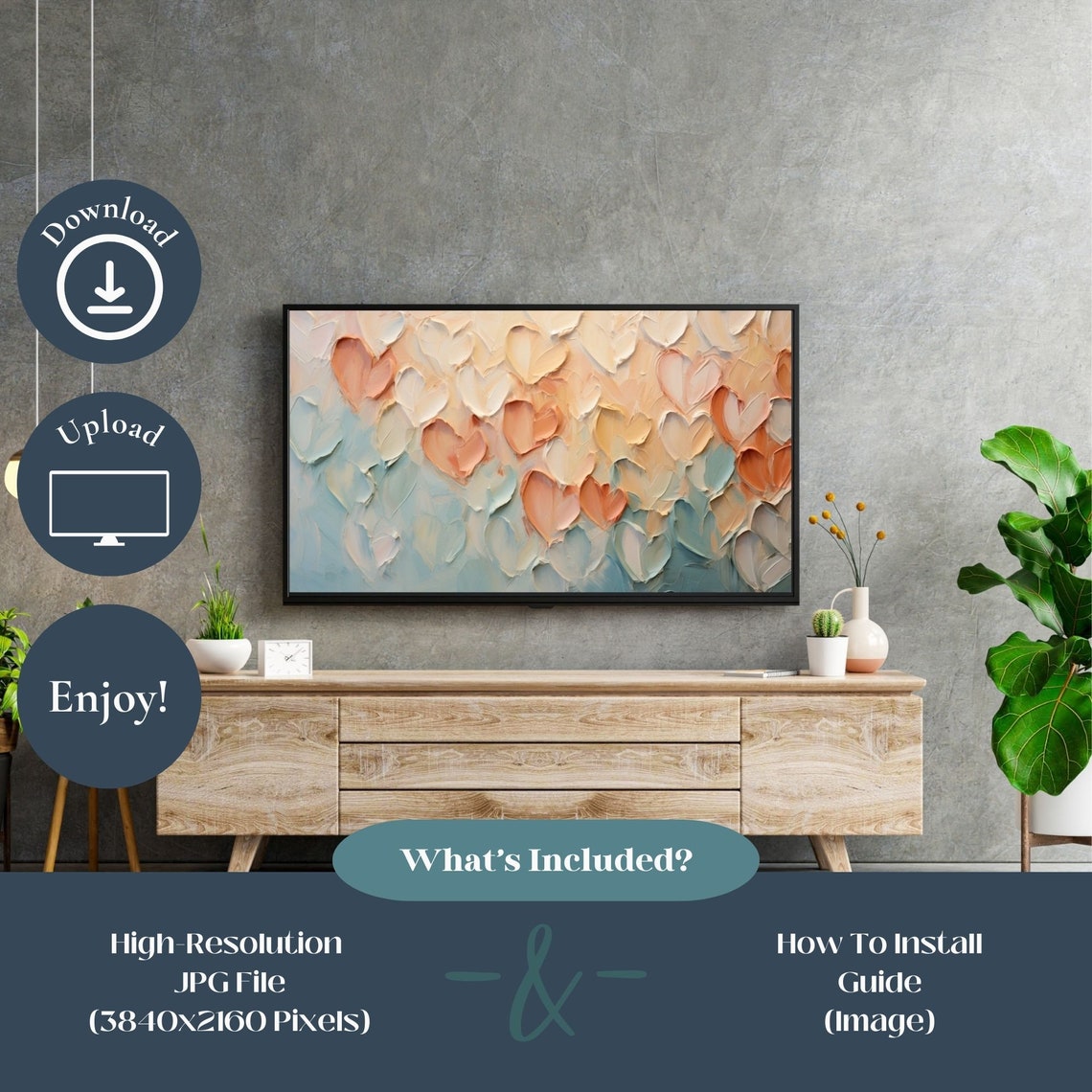 Peach and Blue Impasto Heart Texture Romantic Painting Poster - Image 3