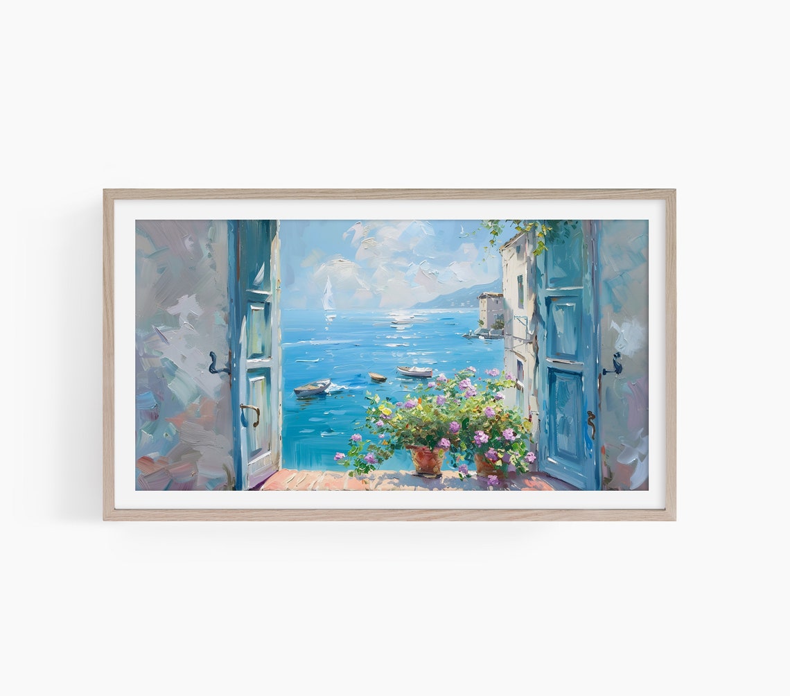 Blue Doors Opening to Sea Coastal Terrace Summer View Painting Poster