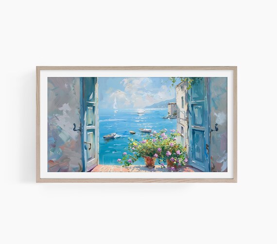 Blue Doors Opening to Sea Coastal Terrace Summer View Painting Poster