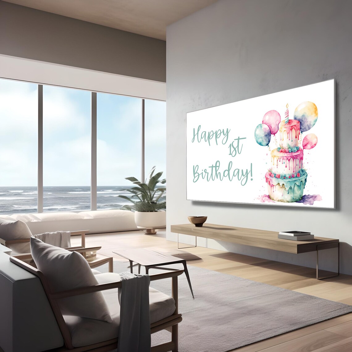 Happy 1st Birthday Watercolor Cake and Balloons Party Decor Poster - Image 3
