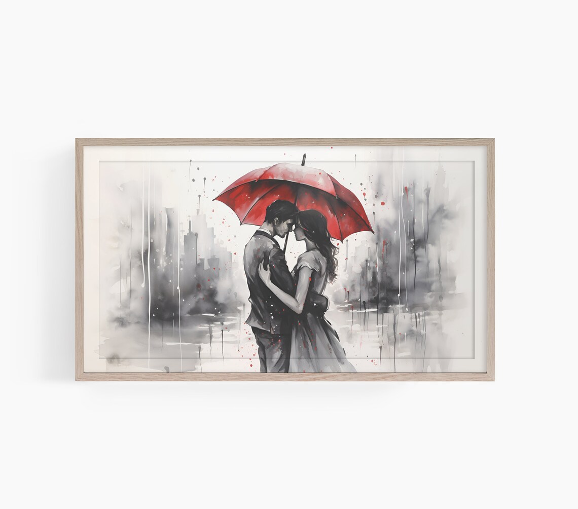Romantic Couple Under Red Umbrella Rainy City Watercolor Wall Art