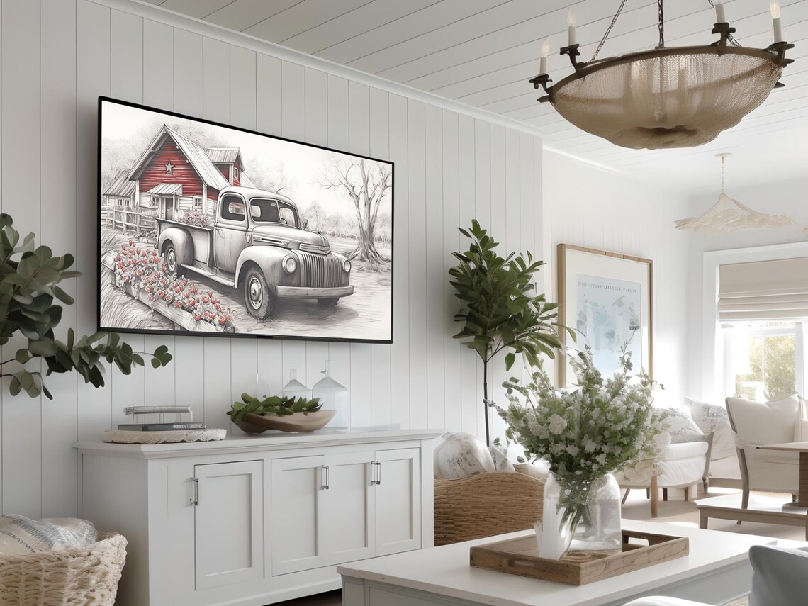 Vintage Farm Truck Red Barn Sketch Roses In Truck Bed Poster - Image 3