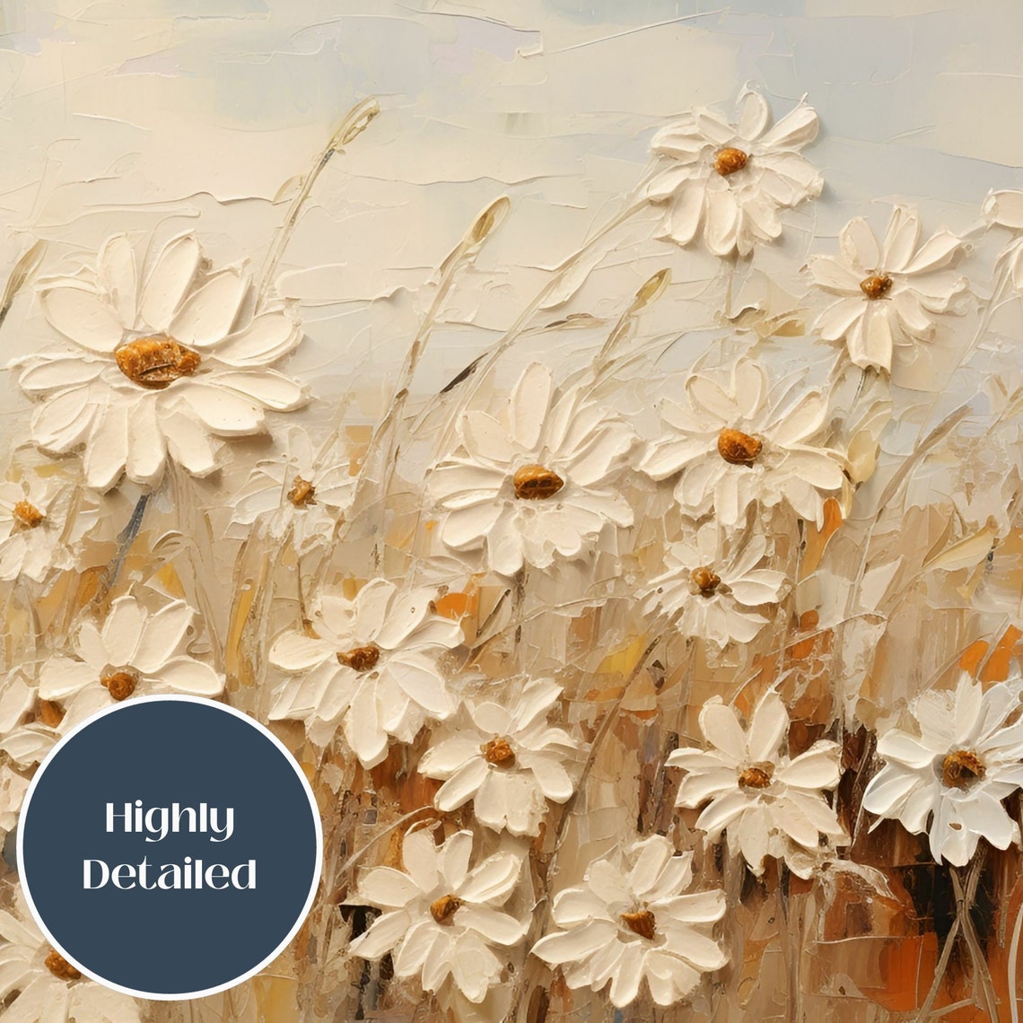 White Daisy Field Impasto Painting Textured Spring Floral Poster - Image 2