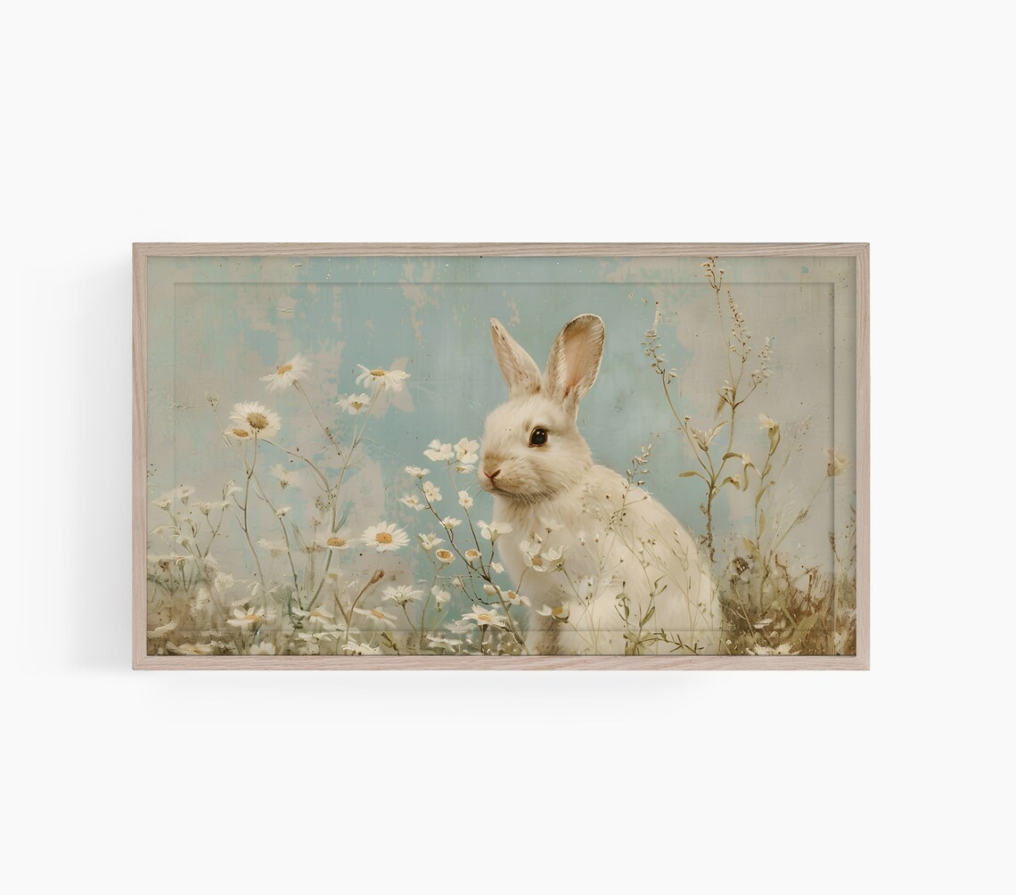 White Rabbit Daisy Meadow Vintage Blue Floral Animal Art Poster
