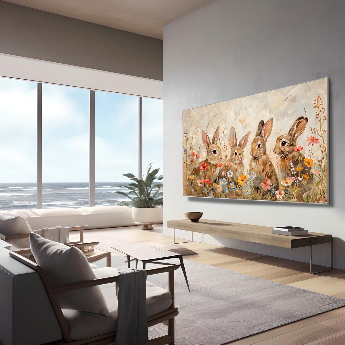 Four Bunnies Wildflower Meadow Vintage Spring Rabbit Wall Art - Image 3