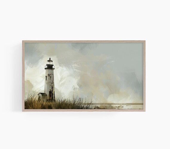 Weathered White Lighthouse Cloudy Coast Rustic Painting Art Poster