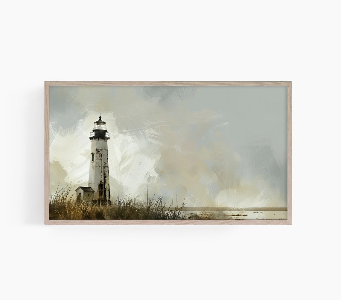 Weathered White Lighthouse Cloudy Coast Rustic Painting Art Poster