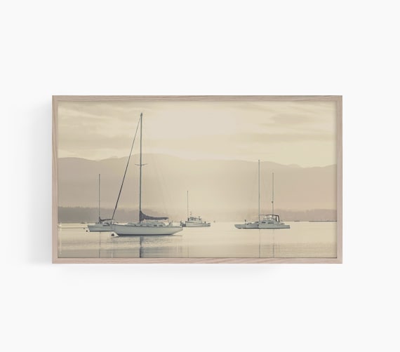 Misty Morning Sailboats Anchored in a Calm Vintage Harbor Poster