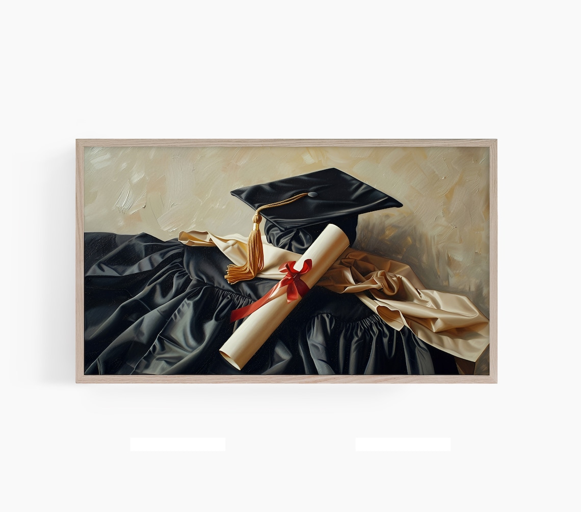 Graduation Cap Gown and Diploma Oil Painting Still Life Poster