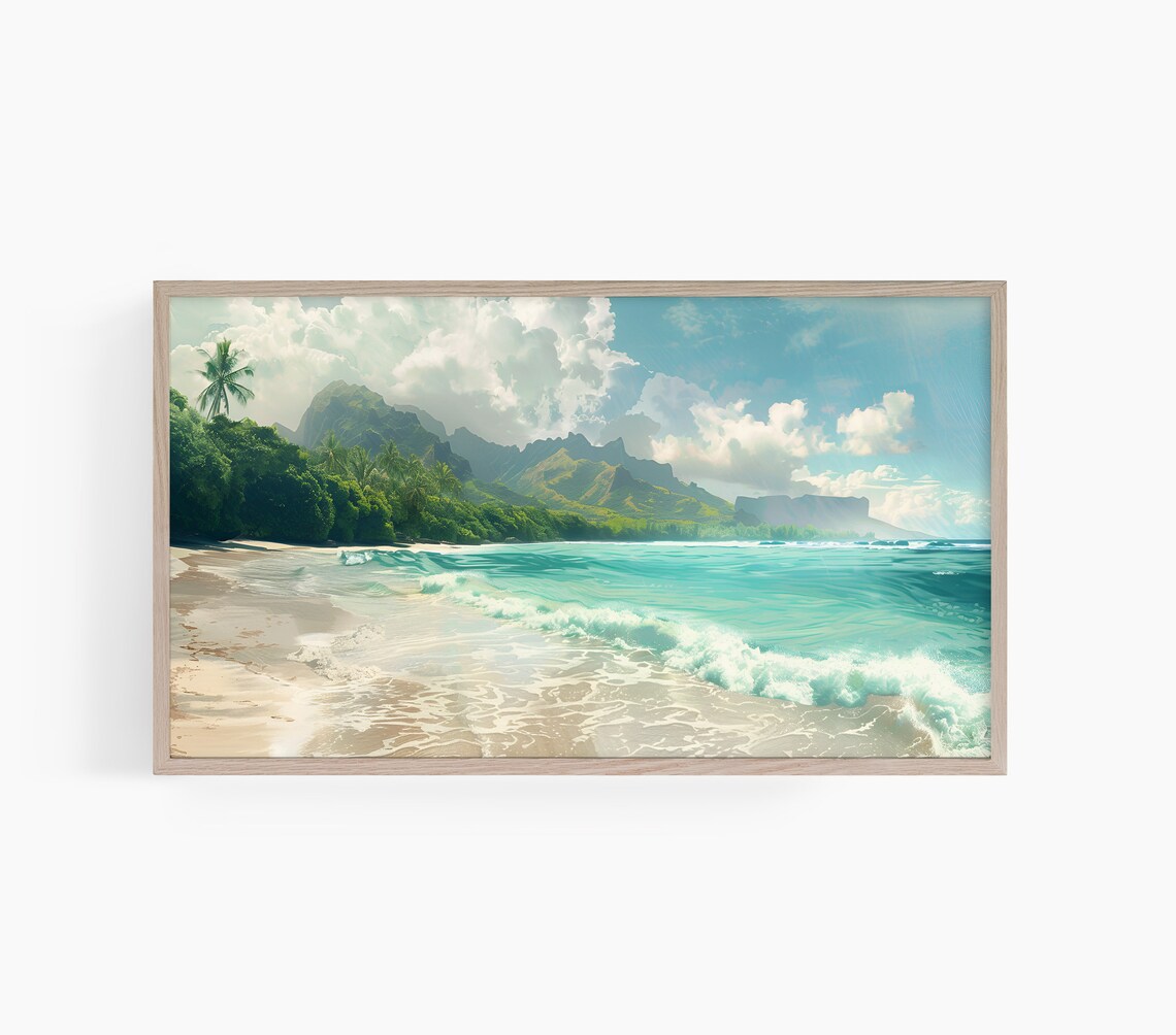 Tropical Turquoise Beach Palm Tree Mountains Island Shore Poster