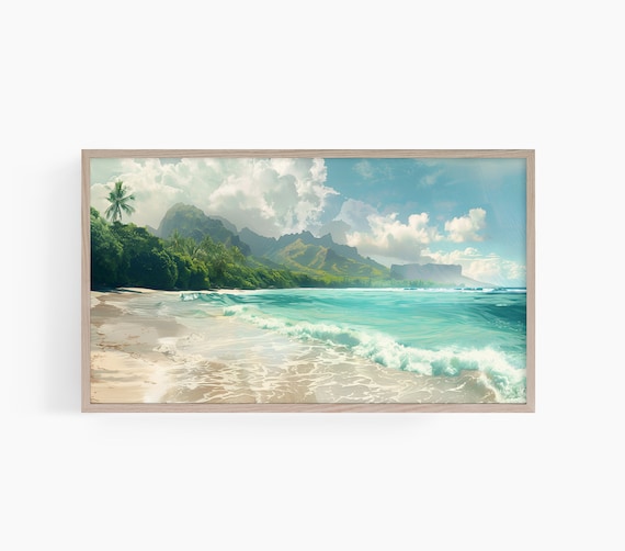 Tropical Turquoise Beach Palm Tree Mountains Island Shore Poster