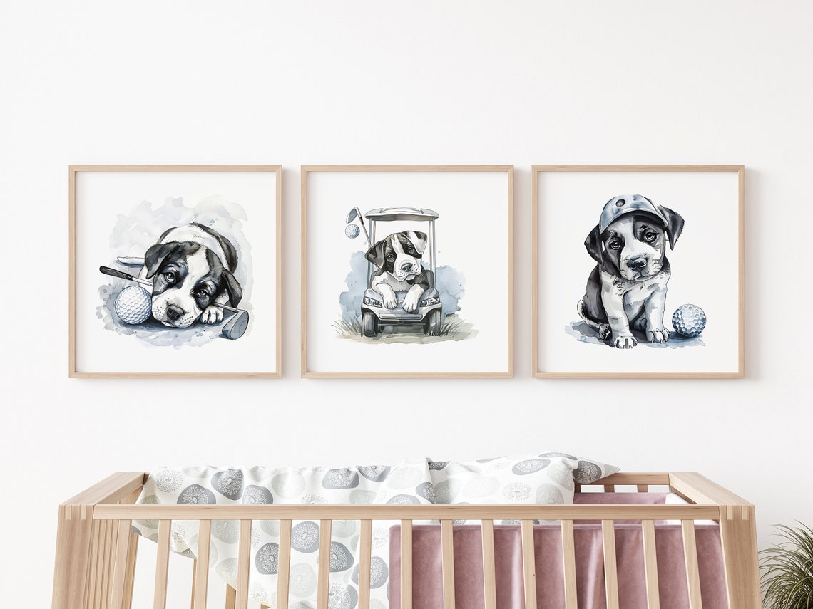 Cute Watercolor Puppy Golf Trio Nursery Baby Shower Wall Art - Image 3