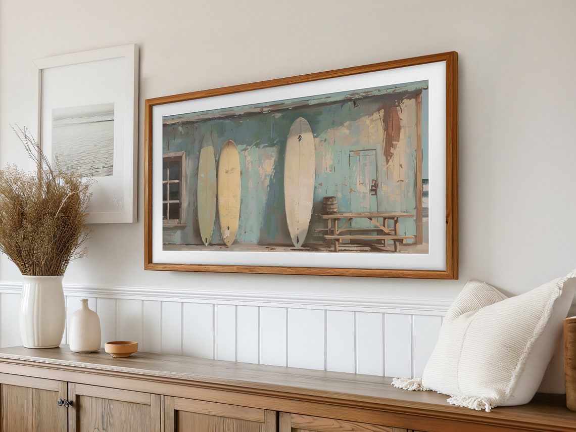 Beach Shack Surfboard Painting Rustic Coastal Surf Scene Poster - Image 2