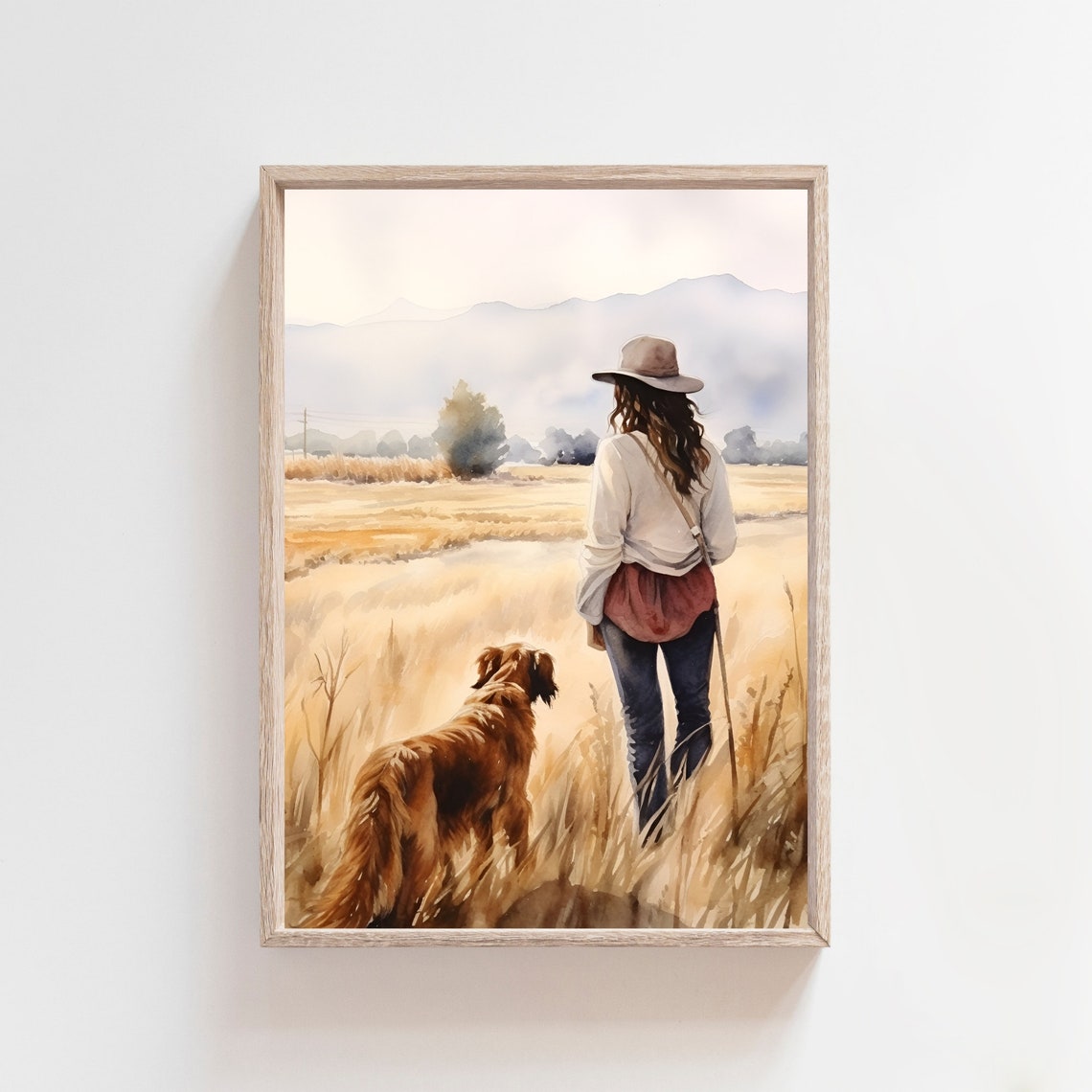 Woman Walking Dog Through Golden Wheat Field Watercolor Wall Art