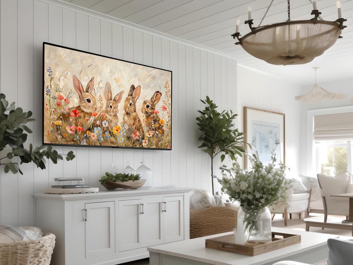 Four Bunnies Wildflower Meadow Vintage Spring Rabbit Wall Art - Image 2