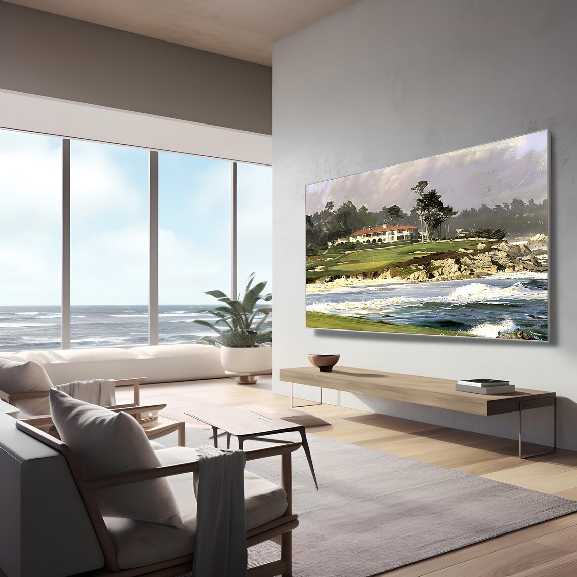 Coastal Golf Clubhouse on a Rocky Cliff Seascape Painting Poster - Image 2