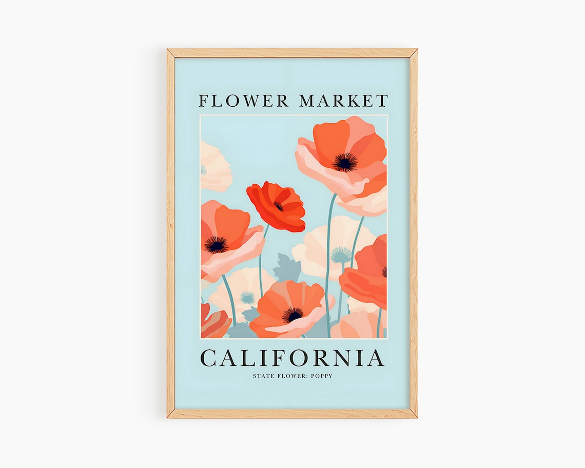 California Poppy Flower Market Vintage Botanical Floral Wall Poster