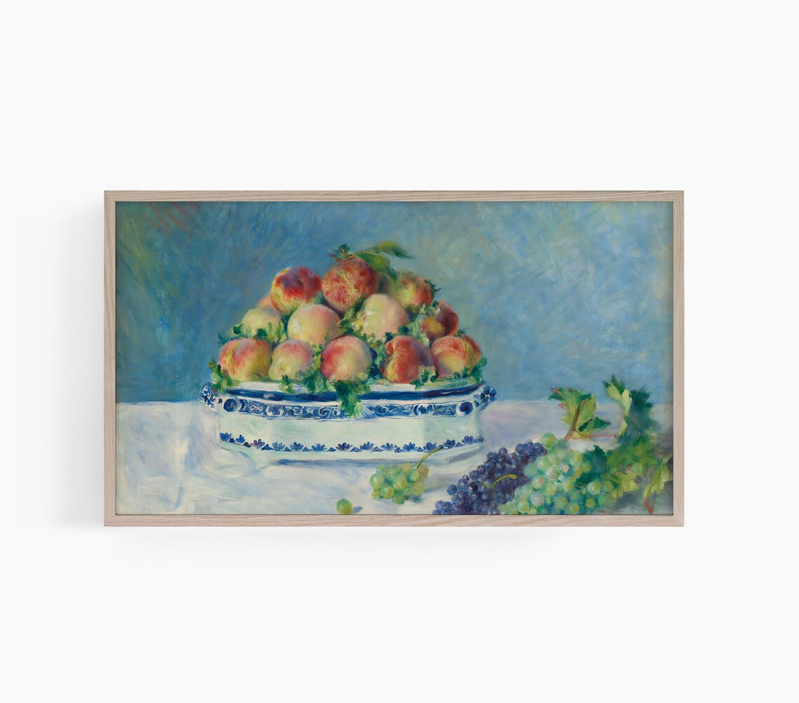 Peaches in Porcelain Bowl Grapes Vintage Still Life Fruit Painting Poster