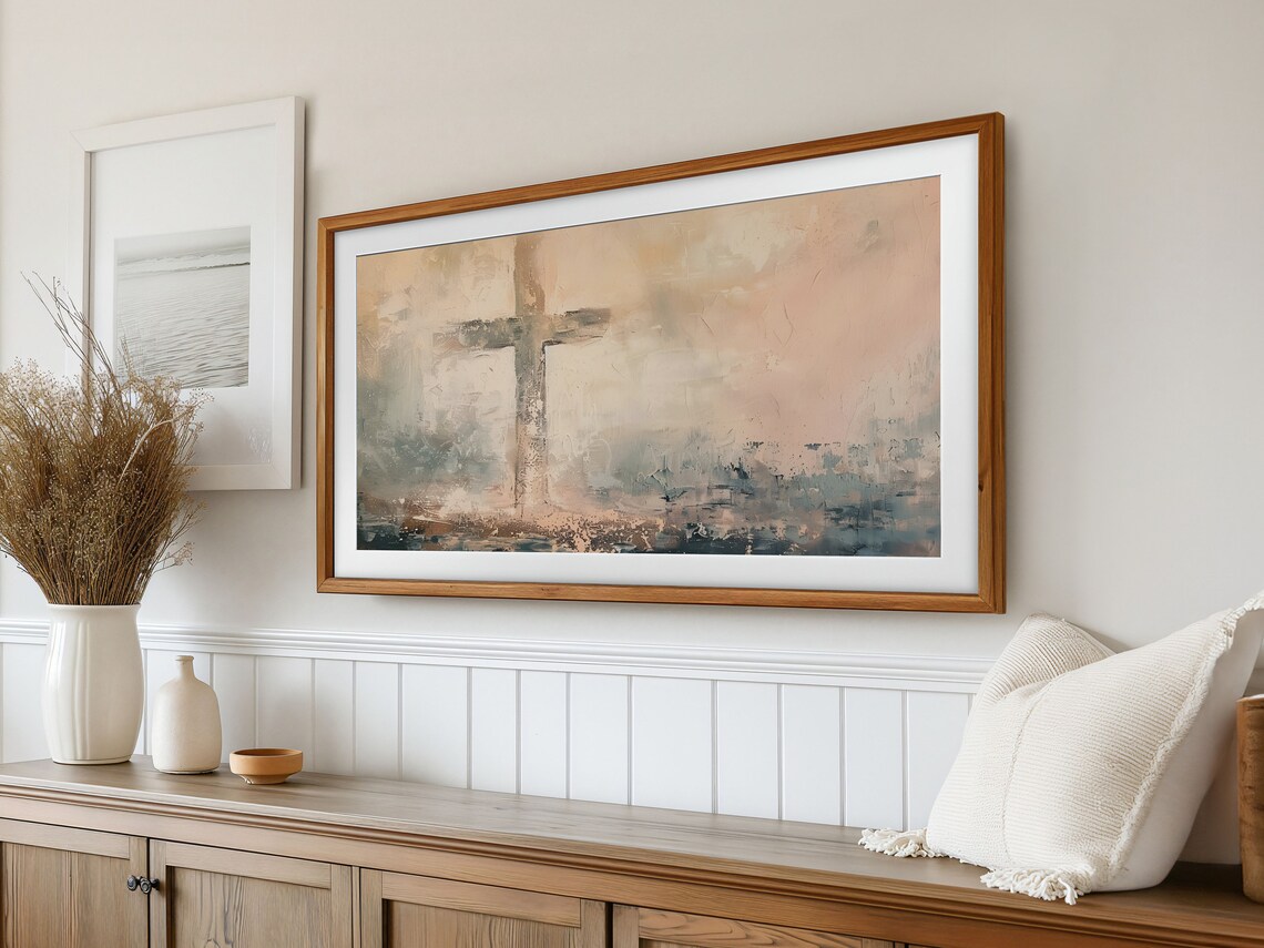 Abstract Cross Sunrise Ocean Christian Faith Hope Dawn Wall Art - Image 2