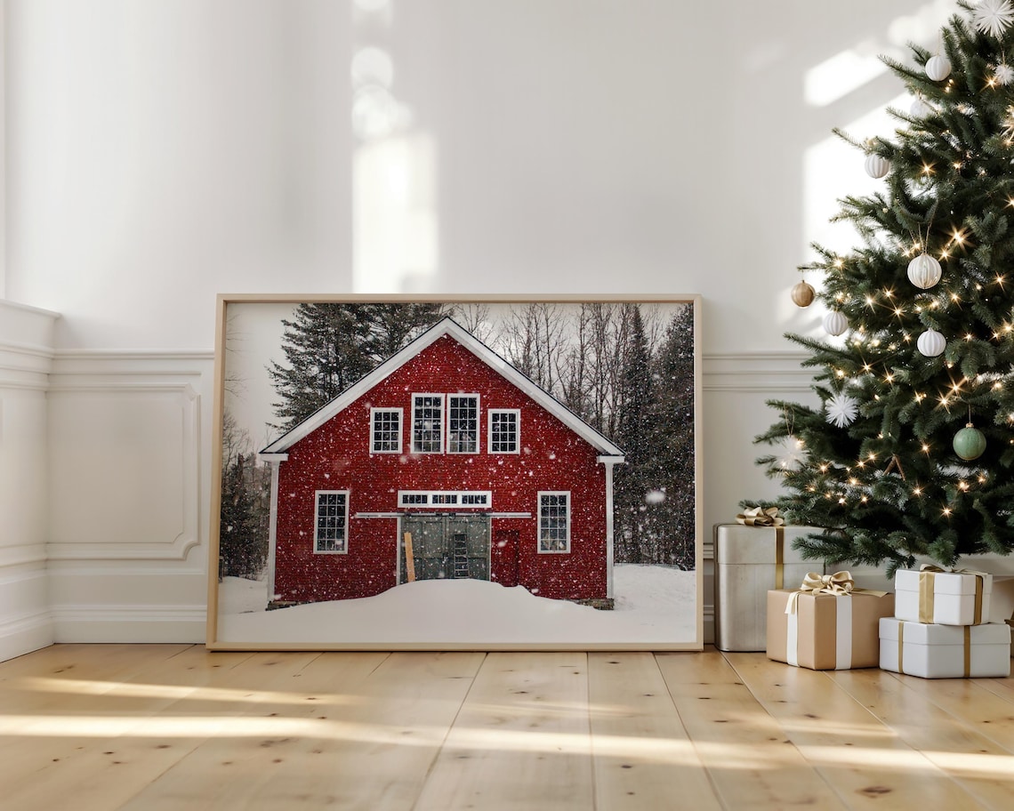 Snowy Red Barn Farmhouse Winter Art Print