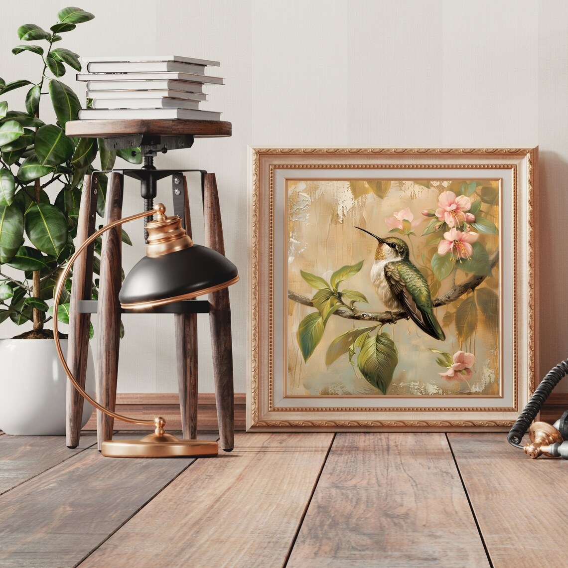 Vintage Hummingbird Pink Blossom Branch Botanical Art Poster - Image 3