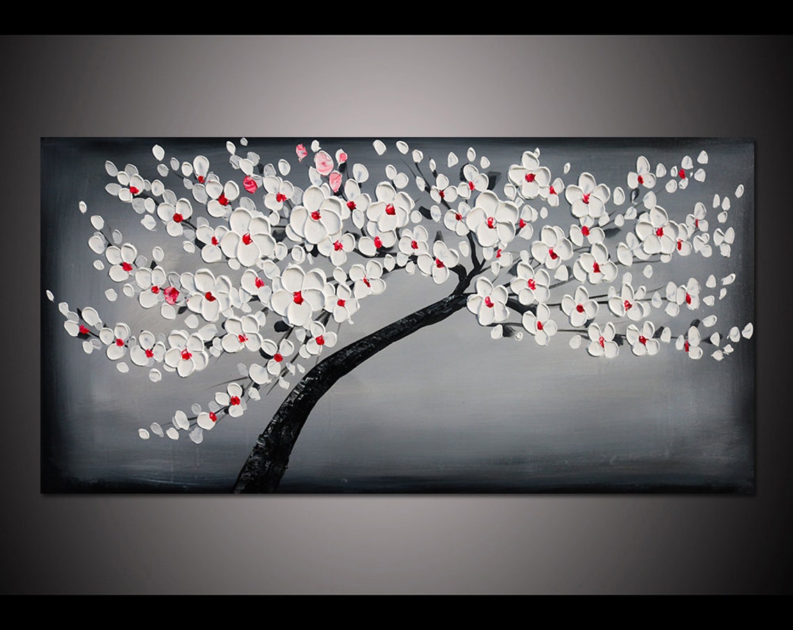 White Red Centered Blossoms On Charcoal Grey Oil Paint Poster