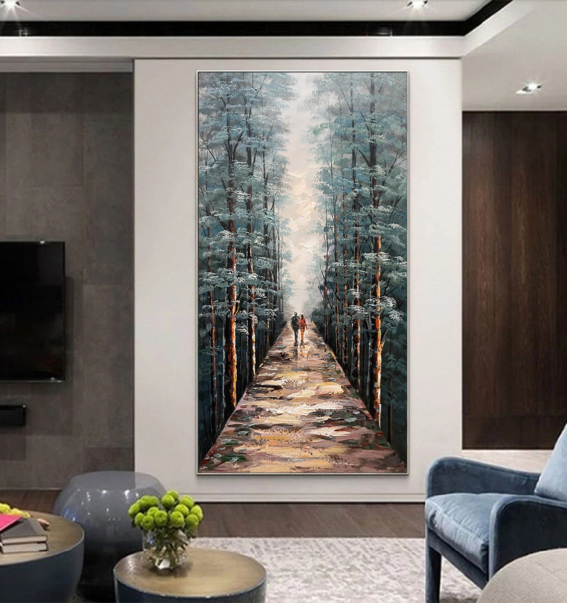 Couple Walking Forest Path Tall Trees Impasto Oil Painting Wall Art - Image 2