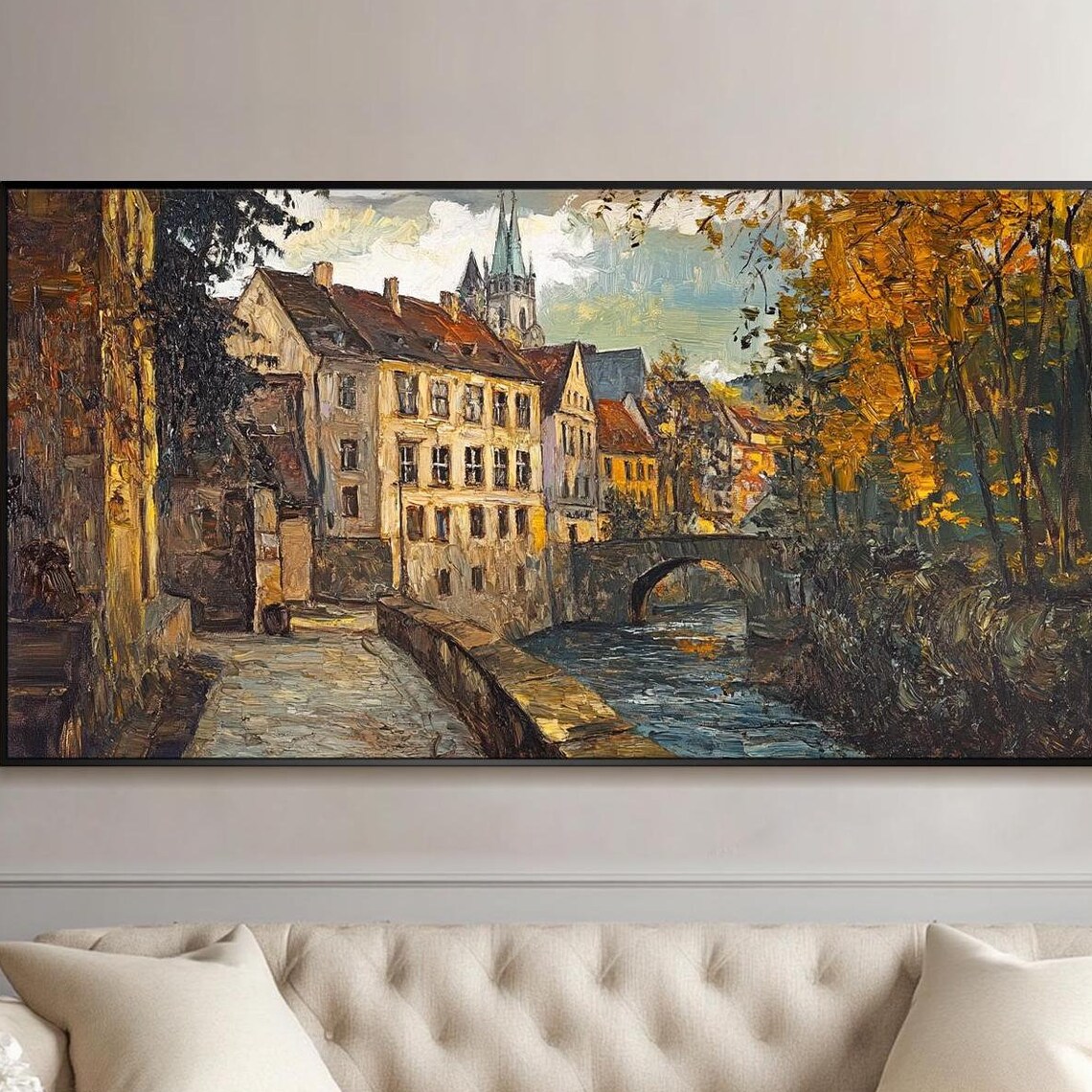 European Old Town Riverside Autumn Impasto Oil Painting Landscape Art