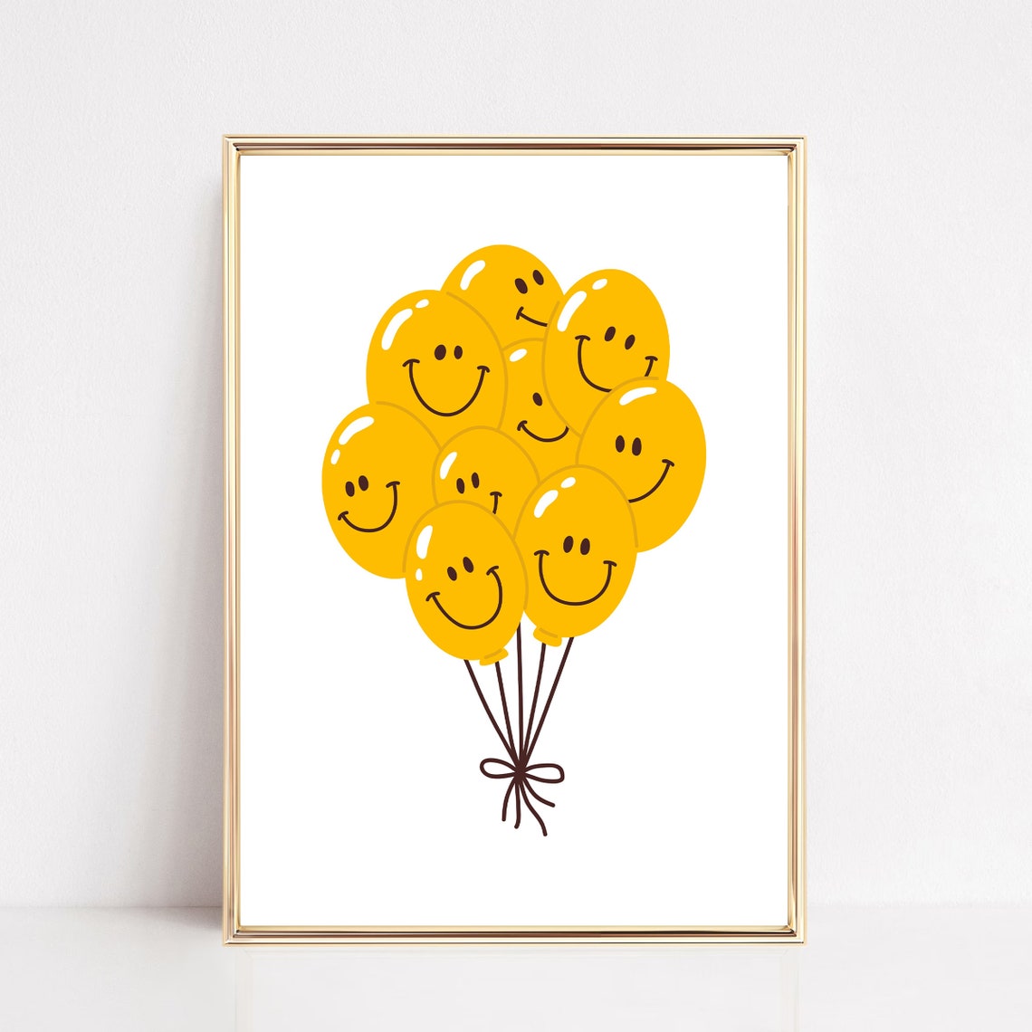 Yellow Smiley Face Balloons Big Bouquet Retro Happy Art Poster