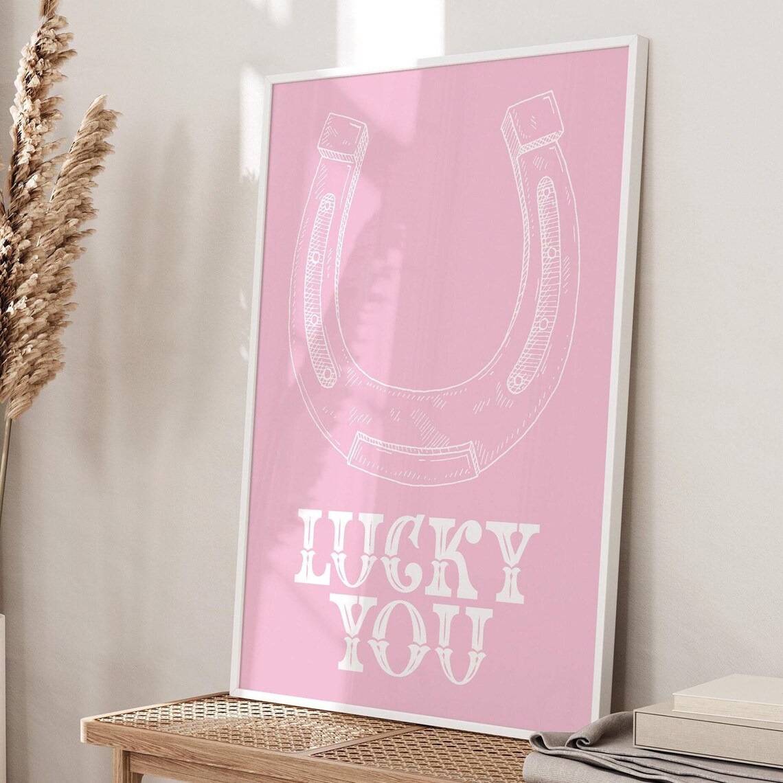 Lucky You White Horseshoe Pink Background Western Typography Quote Poster