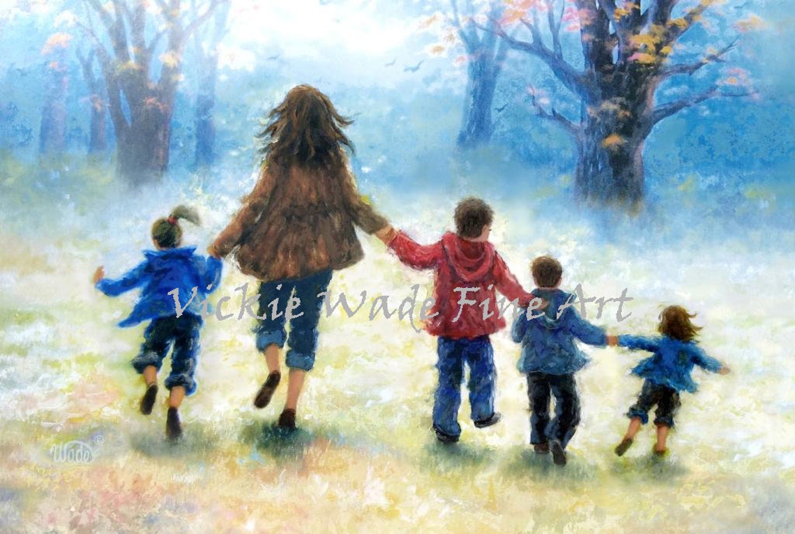 Mother and Four Children Running Through the Sunlit Woods Poster