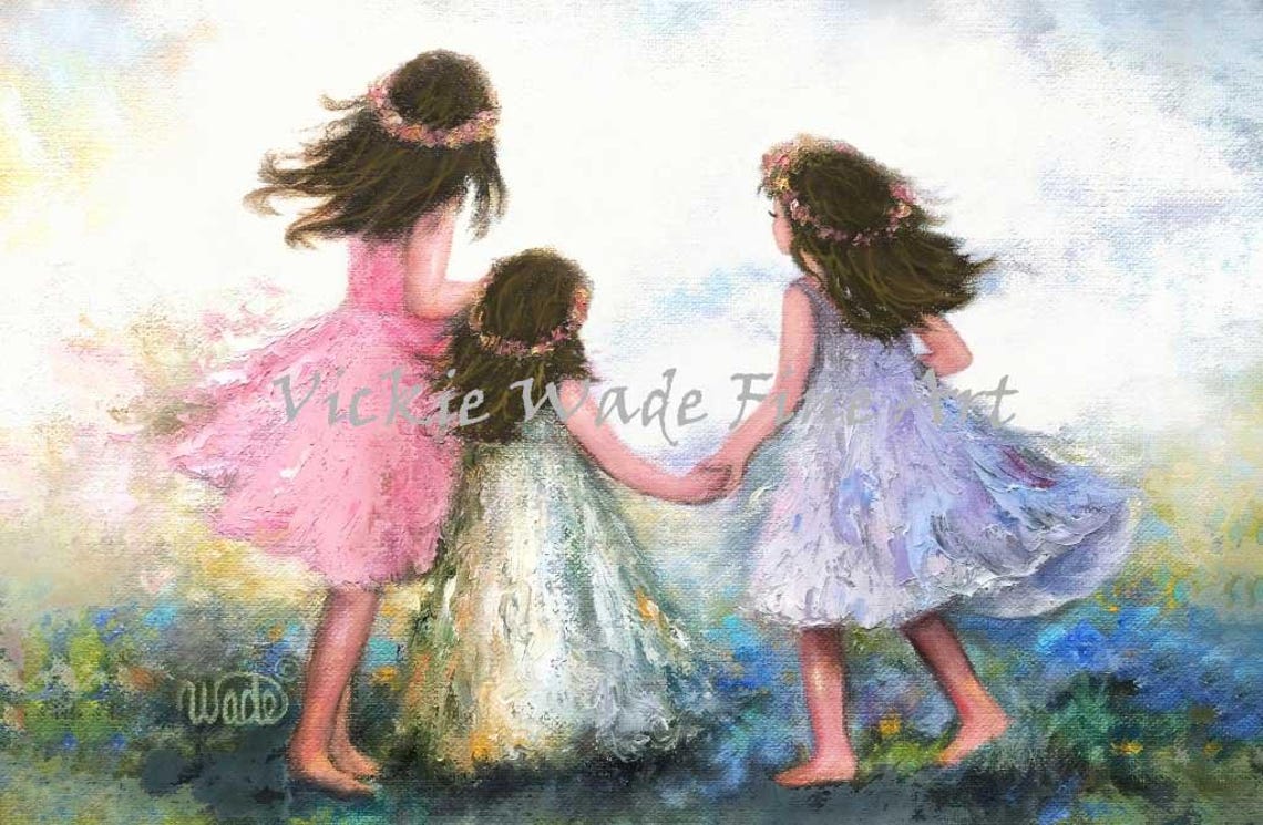 Three Girls with Flower Crowns Holding Hands in a Bright Meadow Poster