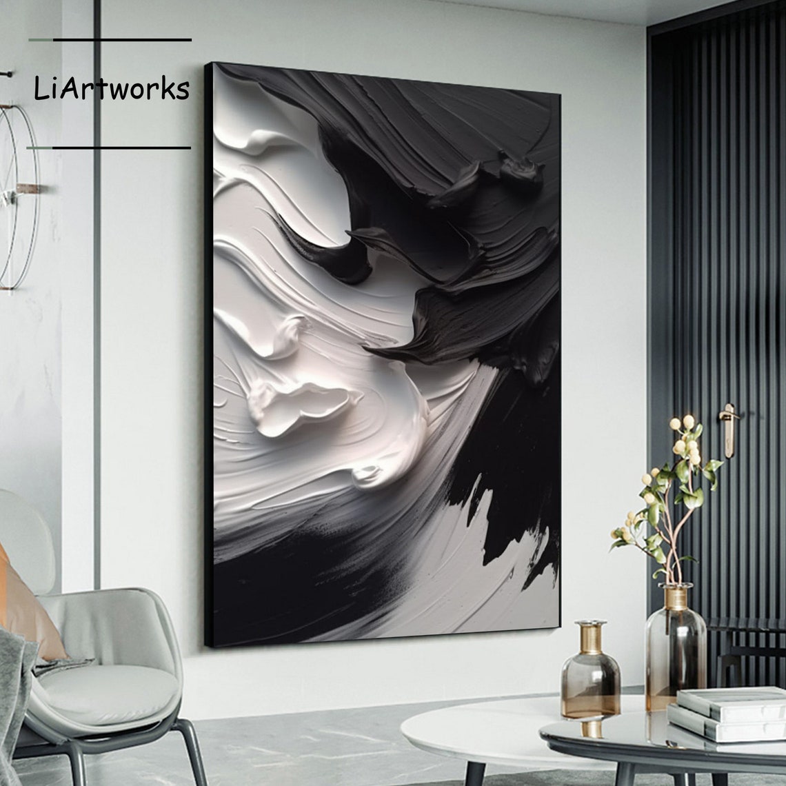 Black and White Swirling Impasto Abstract Dramatic Fluid Art Poster - Image 4