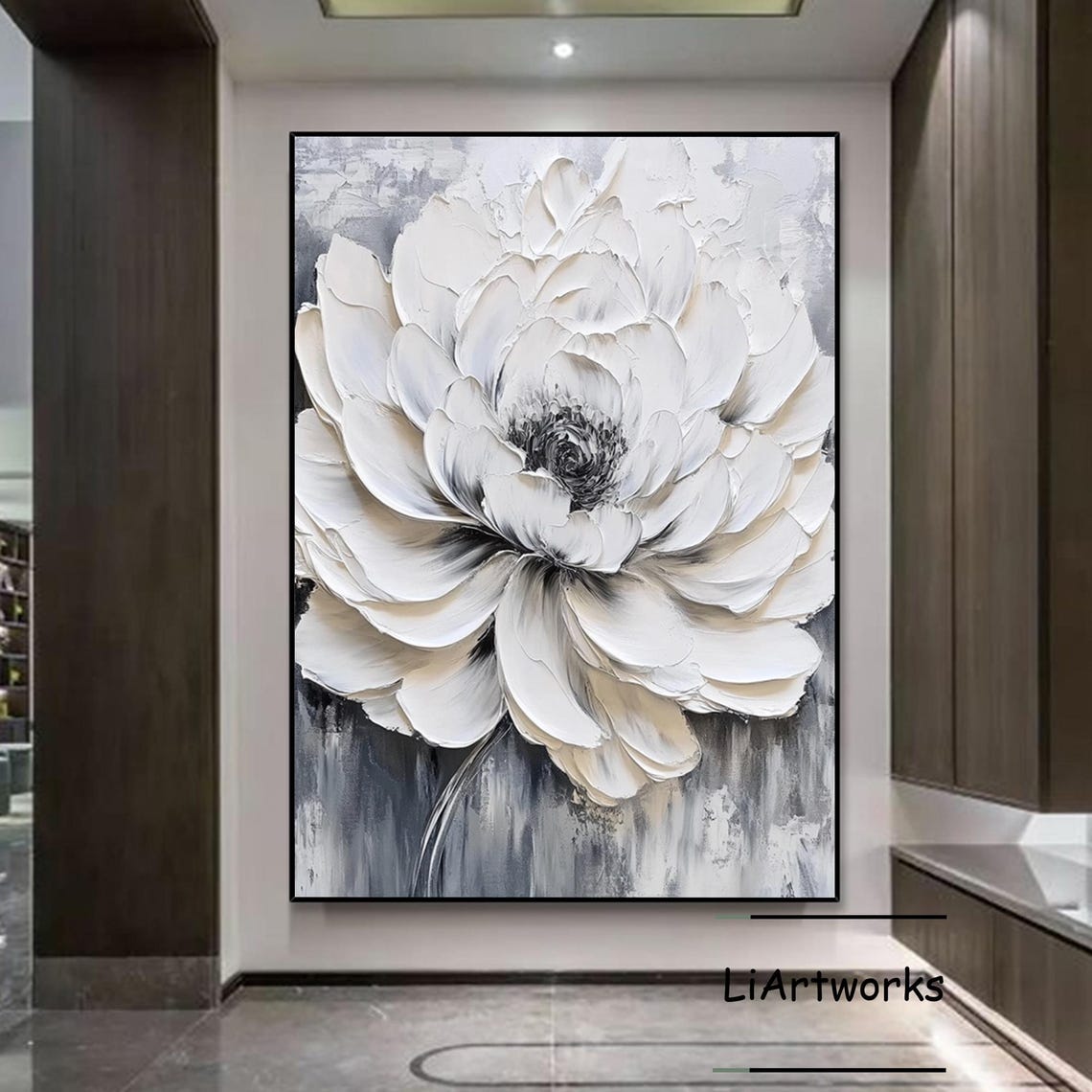 White Flower With Dark Center On Gray Dramatic Floral Art Poster - Image 4