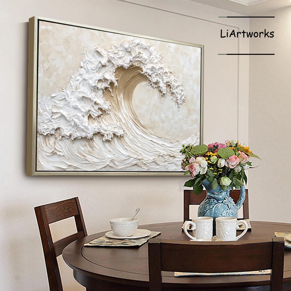 White and Gold Ocean Wave Curl Swirl in Thick Textured Paint Poster - Image 3