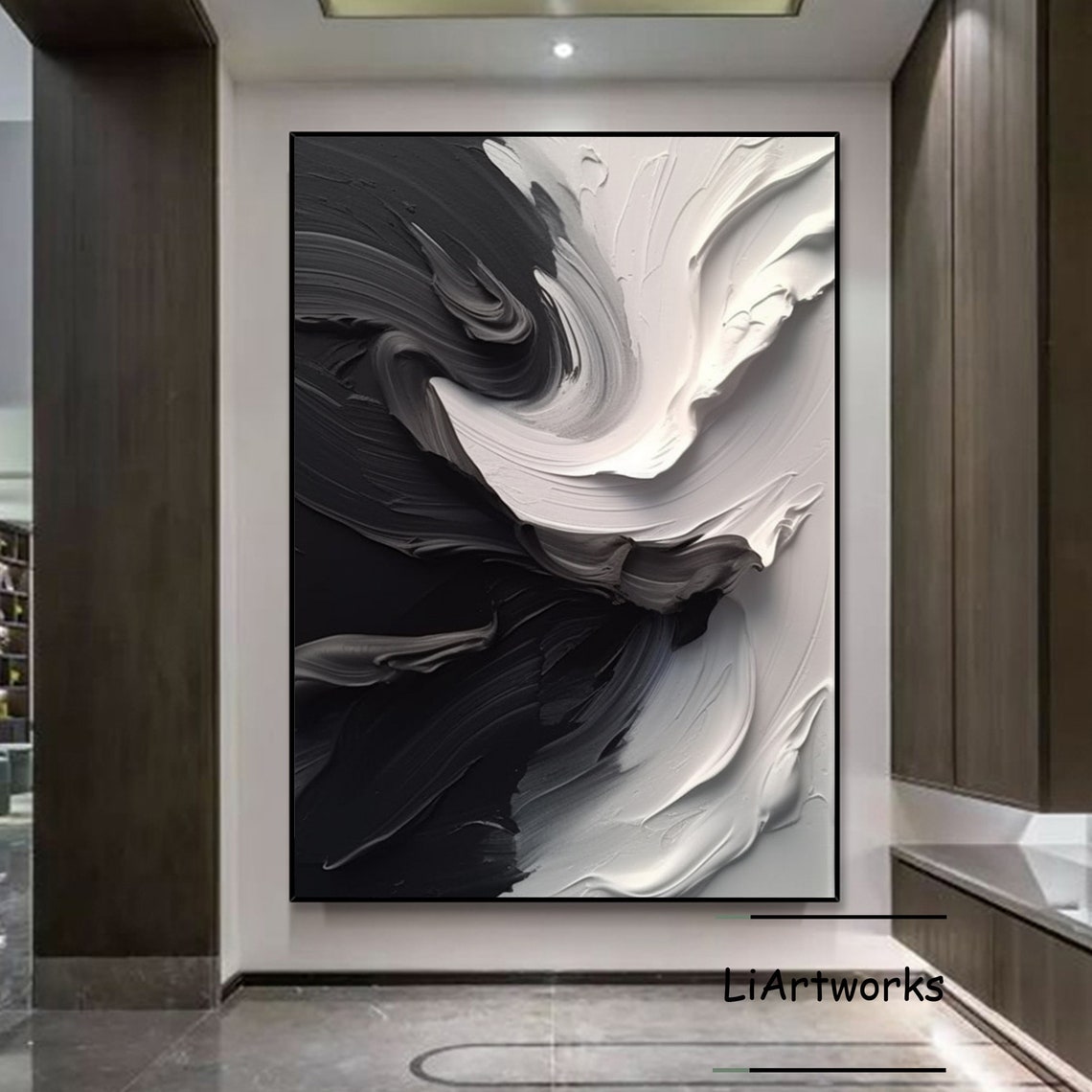Black and White Circular Swirl Impasto Abstract Bold Modern Art Poster - Image 4