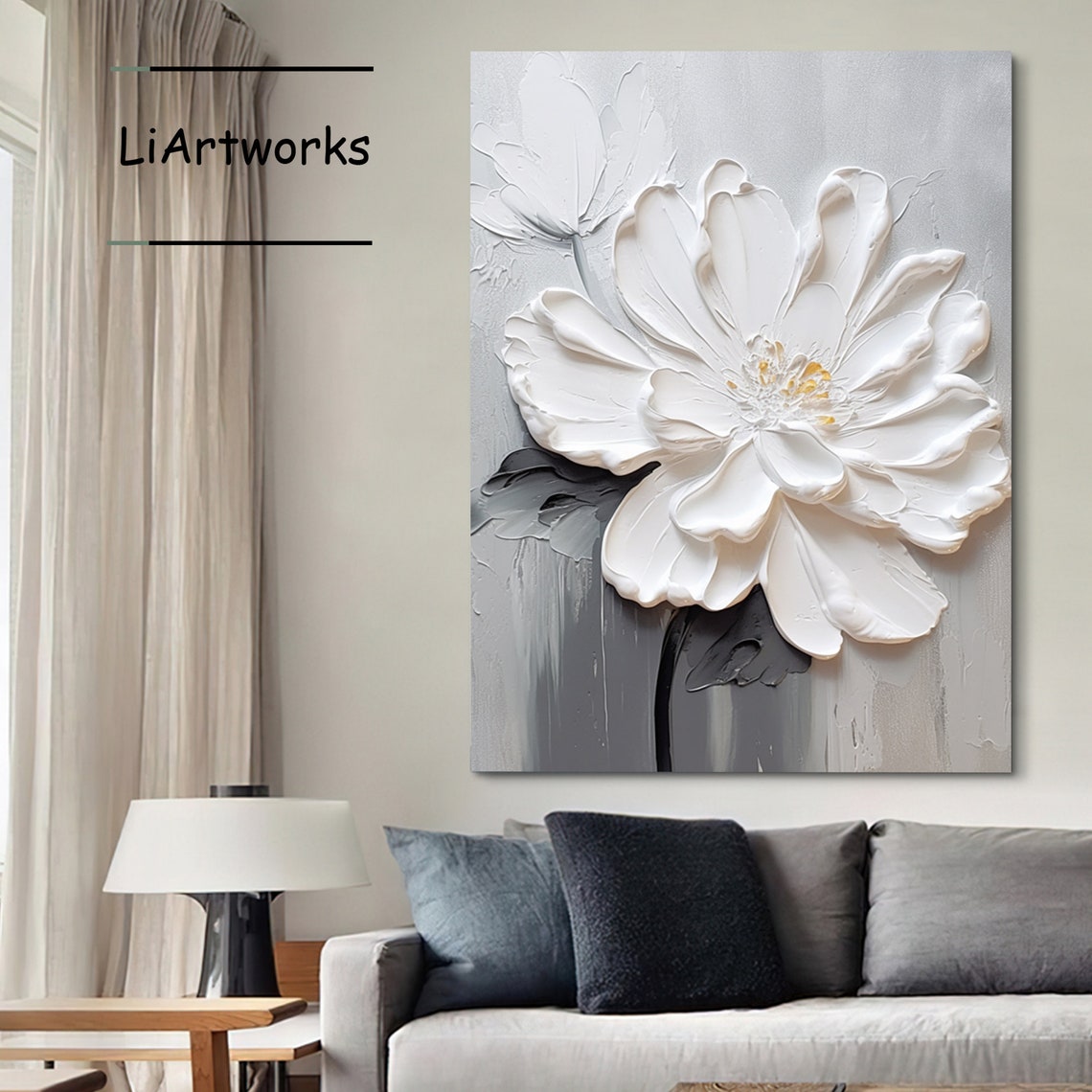 White Peony With Gold Stamens On Gray Textured Floral Art Poster - Image 3